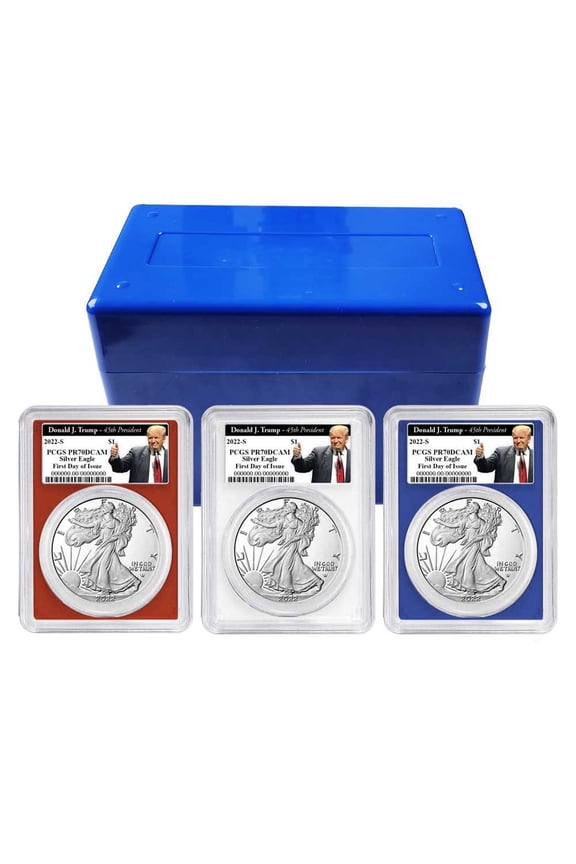 2022-S Proof $1 American Silver Eagle 3pc Set PCGS PR70DCAM FDOI Trump 45th President Label Red White Blue