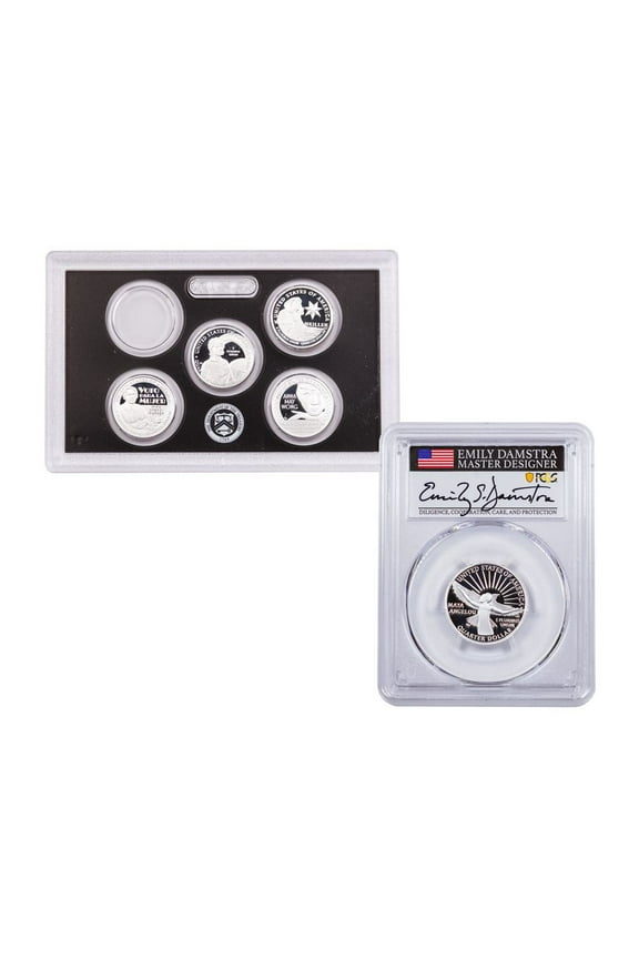 2022-S Silver 5pc Set Proof American Women Quarters + 2022-S 25c Silver Maya Angelou Quarter PCGS PR70DCAM FDI Damstra Signed Label
