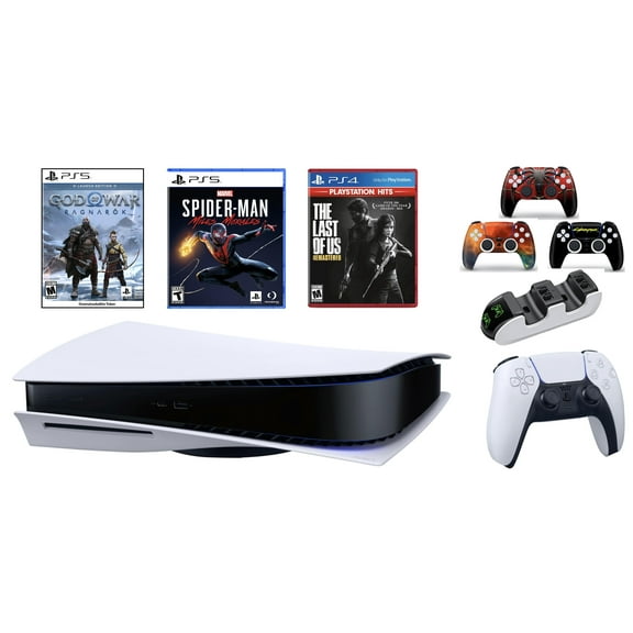 2022 Sony PlayStation PS 5 Gaming Holiday Bundle:PS5_Disc Console with God of War & Spiderman Miles Morales & The Last of Us Remastered +Wireless Controller+ Charging Dock + 3pcs Controller Skins