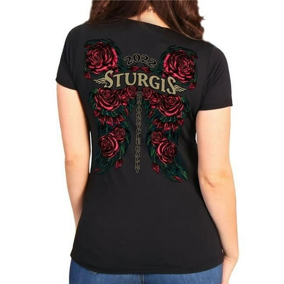 Hot Leathers SPL1793 2022 Sturgis Motorcycle Rally Ladies Rose Wings T-Shirt - Black - Small