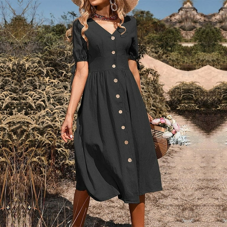 Cotton Short Sleeve V Neck Middle Waist Vacation Dresses Cotton Short Sleeve V Neck Middle Waist Vacation Dresses