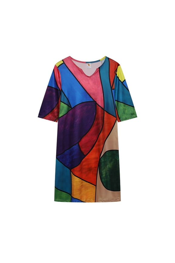 2022 Summer Flower Leaves Print Rendering Fashion V-Neck Half Sleeves Mid-Waist Pullover A- Line Dress