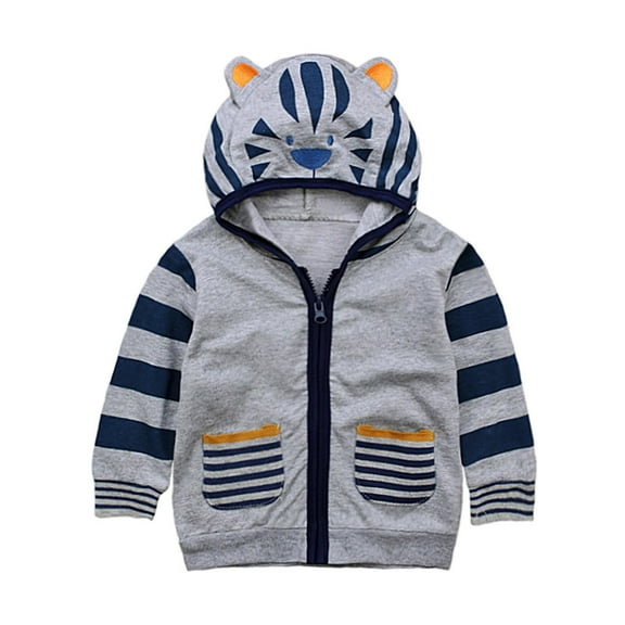 2022 Toddler Girls Boys Hoody Jackets Spring Autumn Long Sleeve Lion Hooded Striped Zipper Coats Sweatshirt Kids Outerwear Gray 5-6 Years