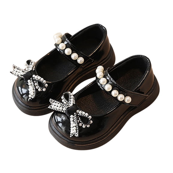 2022 Toddler Girls Pearls Bow Patent Leather Dress Shoes Wedding Gown Flat Shoes