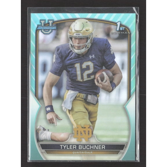 2022 Topps Bowman University 1st Bowman Tyler Buchner #24 Aqua 9/11 Notre Dame Football Card