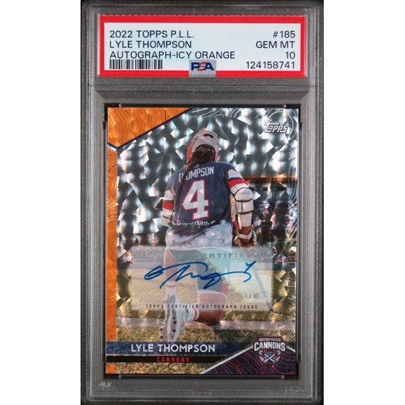 2022 Topps Premier Lacrosse League Autograph Icy Orange Lyle Thompson #185 /25 PSA 10