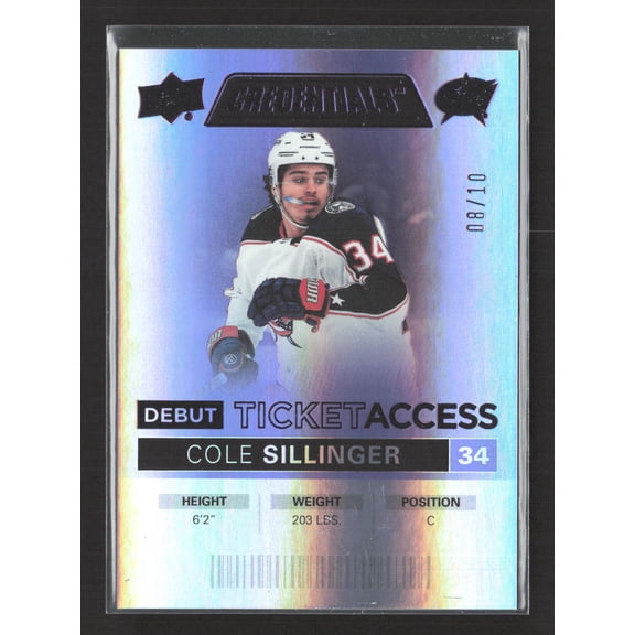 2022 Upper Deck Credentials Debut Ticket Access Cole Sillinger Columbus Blue Jackets Holo 08/10 #135 Hockey Card