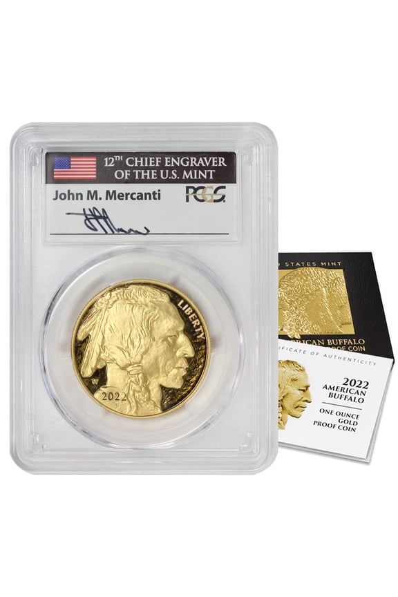 2022-W $50 Gold Buffalo PCGS PR70 Deep Cameo Advanced Release Mercanti Label with Original Government Packaging U.S. Mint Coins