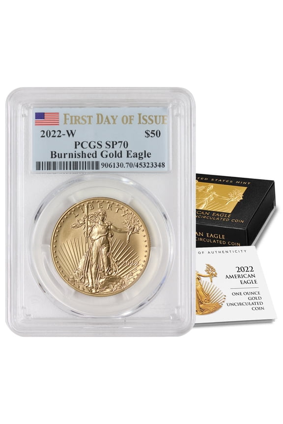 2022-W $50 Gold Eagle PCGS SP70 First Day of Issue Flag Label with Original Government Packaging U.S. Mint Coin