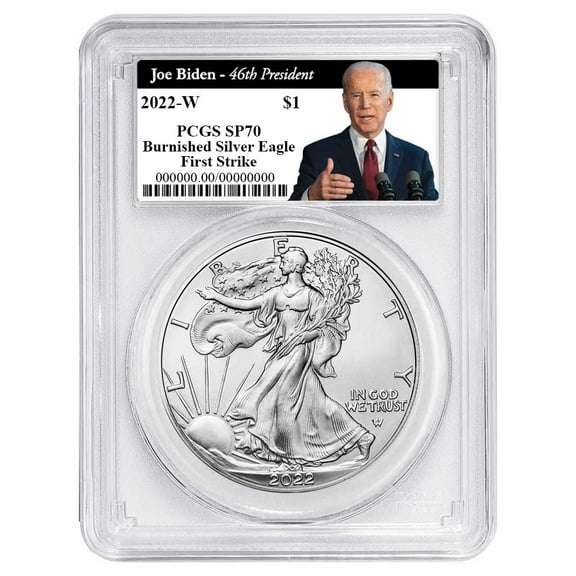 2022-W Burnished $1 American Silver Eagle PCGS SP70 FS Biden 46th President Label