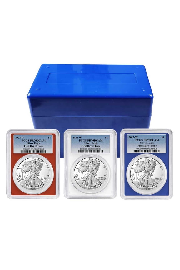 2022-W Proof $1 American Silver Eagle 3pc Set PCGS PR70DCAM FDOI Blue Label Red White Blue