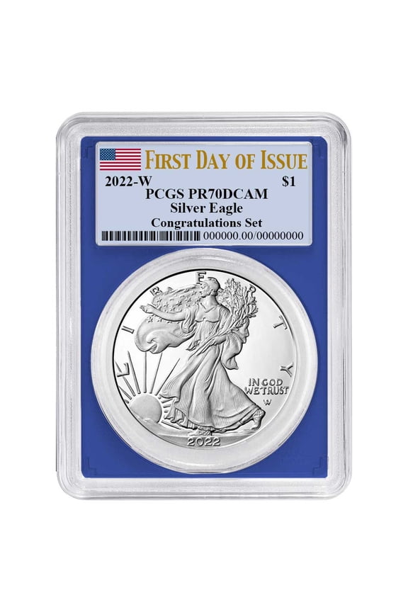 2022-W Proof $1 American Silver Eagle Congratulations Set PCGS PR70DCAM FDOI Flag Label Blue Frame