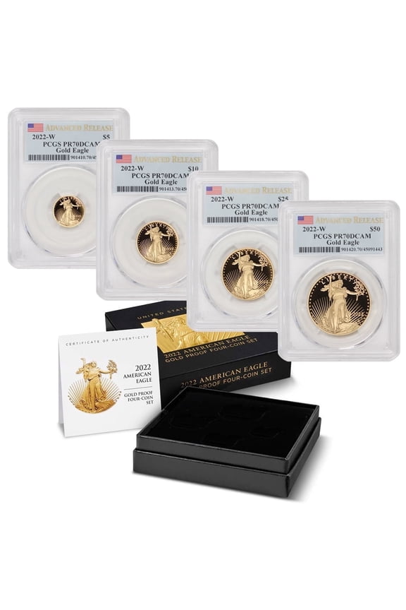 2022-W Set of 4 American Gold Eagle Proof Coins PR70DCAM Advanced Release Flag Label US Mint Box and Certificate of Authenticity $50 $25 $10 $5 PCGS