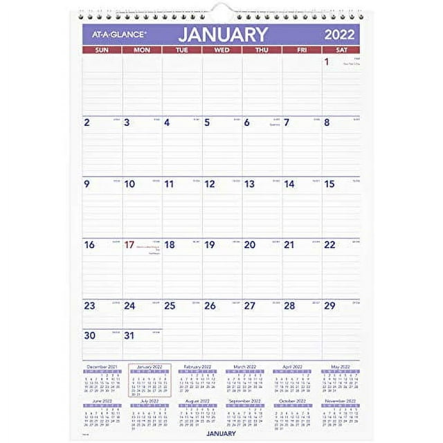2022 Wall Calendar by .. AT-A-GLANCE, 12" x 17", .. Medium, Monthly. Wirebound (PM228)