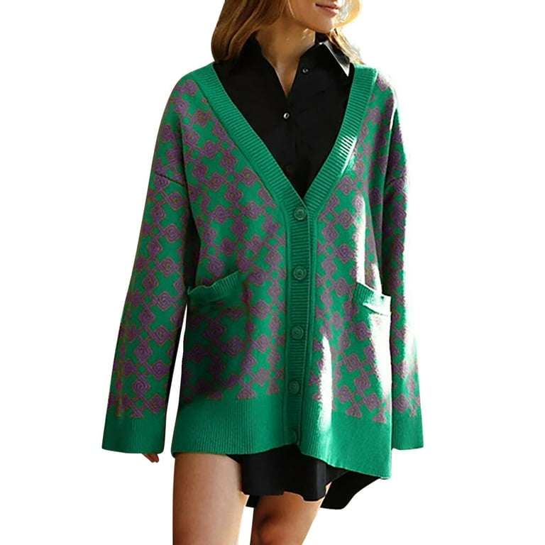 2022 Winter Burst Sweater Cardigan Jacquard Cardigan Long Sleeve V Neck Knit Women Sweater Long Fuzzy Sweater