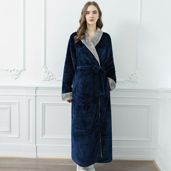 2022 warm pajamas for women Autumn And Winter Flannel Nightgown Plus Velvet Padded Women's Long Pajamas Women's Lovely Home Clothes Navy Blue L