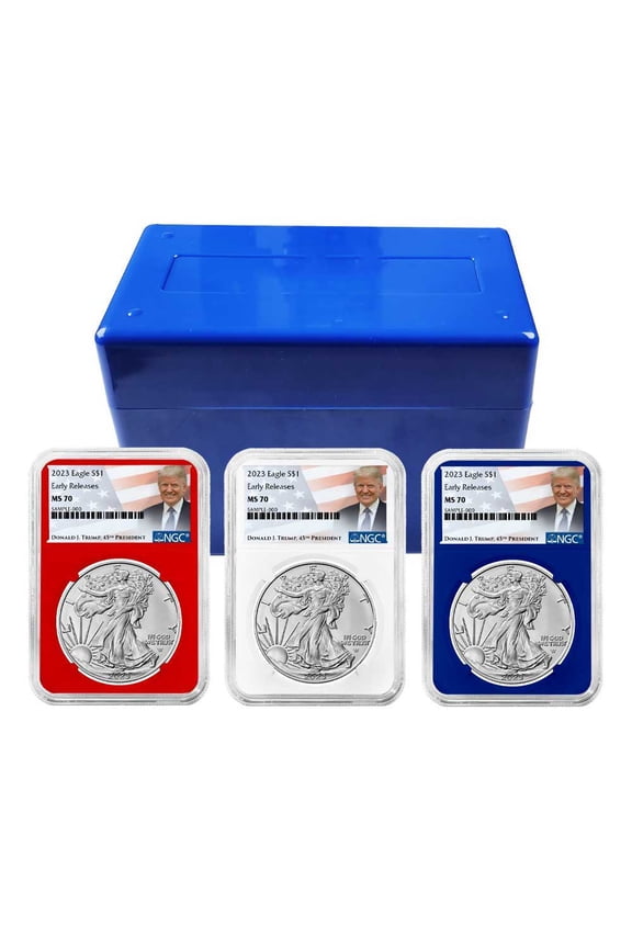 2023 $1 American Silver Eagle 3pc Set NGC MS70 ER Trump Label Red White Blue