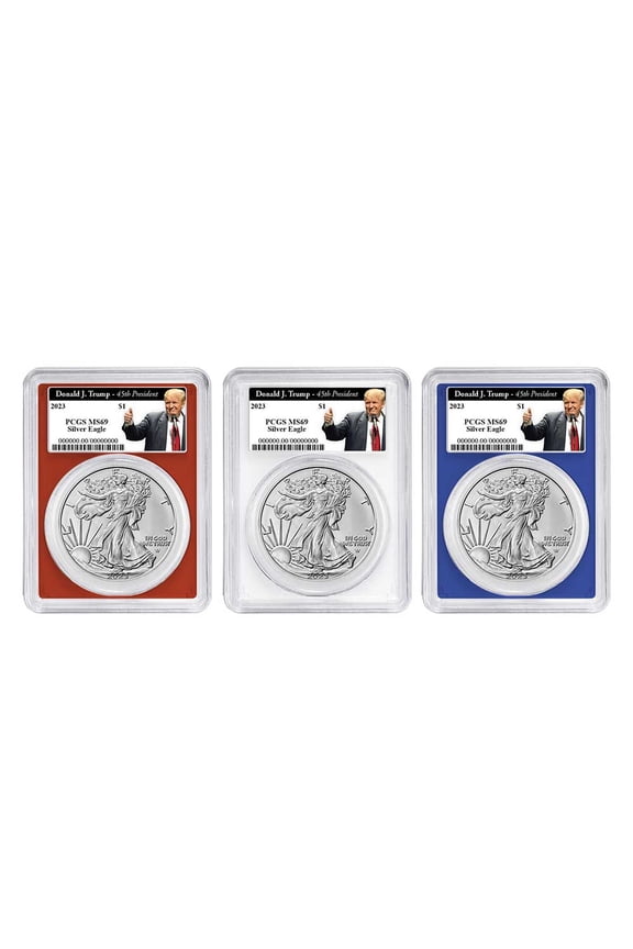 2023 $1 American Silver Eagle 3pc Set PCGS MS69 Trump 45th Label Red White Blue
