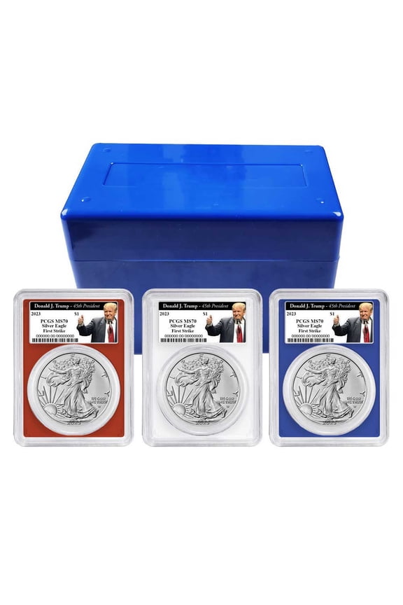 2023 $1 American Silver Eagle 3pc Set PCGS MS70 FS Trump 45th Red White Blue
