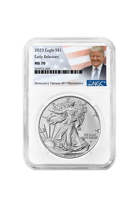 2023 $1 American Silver Eagle NGC MS70 ER Trump Label