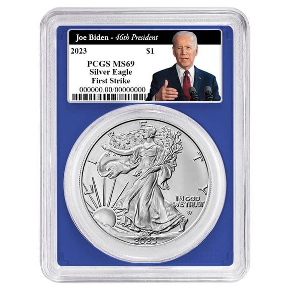 2023 $1 American Silver Eagle PCGS MS69 FS Biden 46th President Label Blue Frame