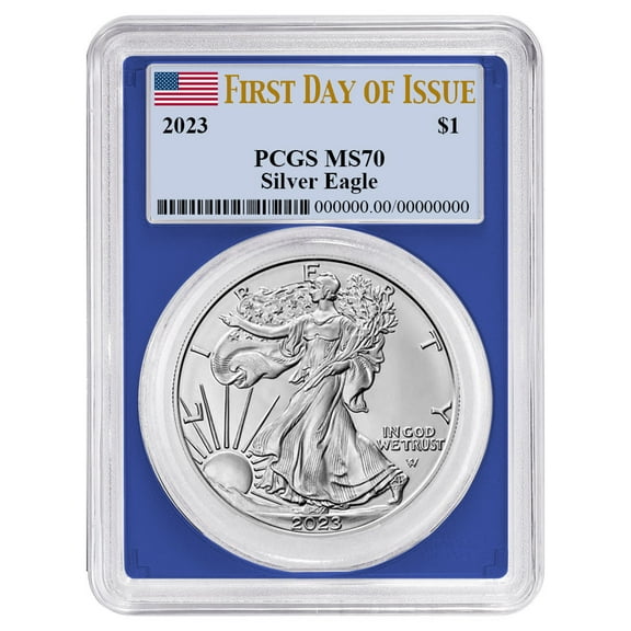 2023 $1 American Silver Eagle PCGS MS70 FDOI Flag Label Blue Frame