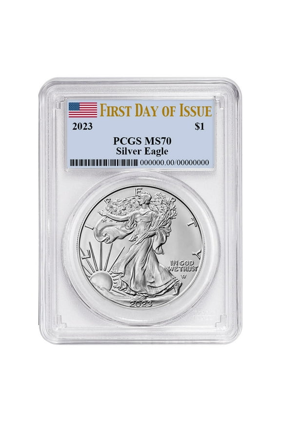 2023 $1 American Silver Eagle PCGS MS70 FDOI Flag Label