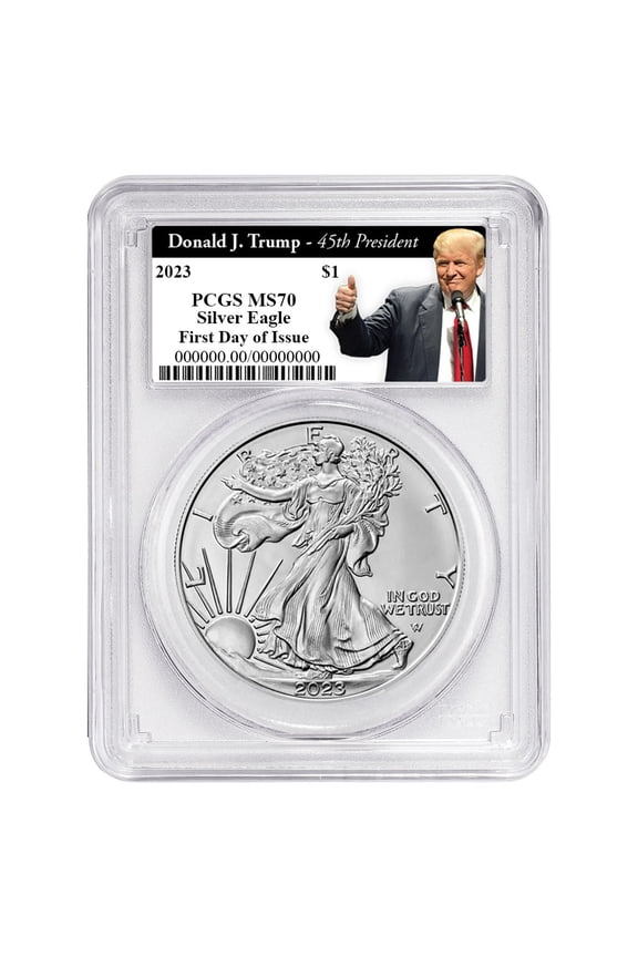 2023 $1 American Silver Eagle PCGS MS70 FDOI Trump 45th President