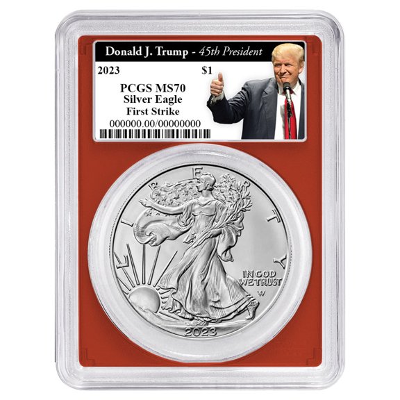 2023 $1 American Silver Eagle PCGS MS70 FS Trump 45th President Red Frame