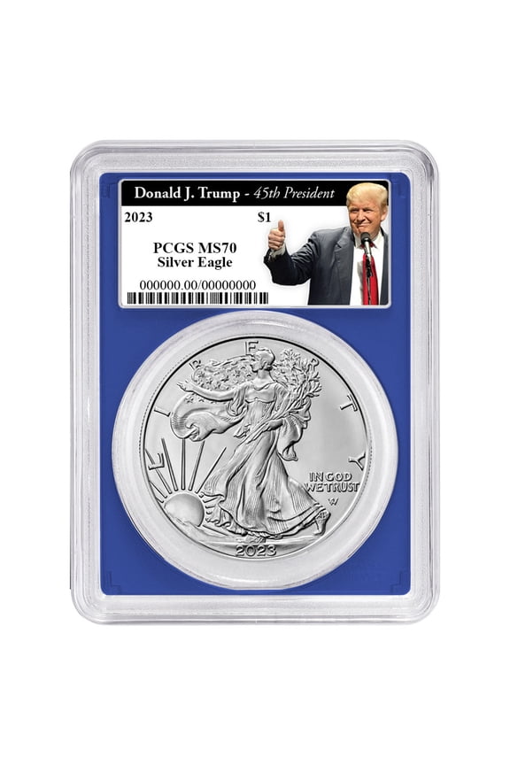 2023 $1 American Silver Eagle PCGS MS70 Trump 45th President Label Blue Frame