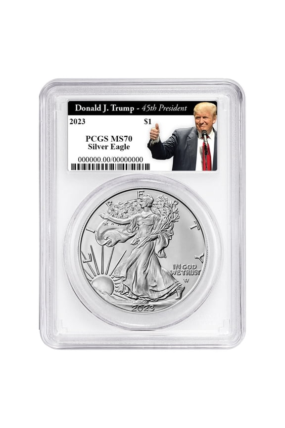 2023 $1 American Silver Eagle PCGS MS70 Trump 45th President Label White Frame