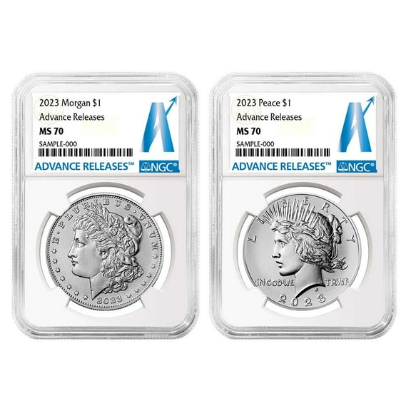 2023 $1 Morgan and Peace Silver Dollar 2pc Set NGC MS70 AR Advance Releases Label