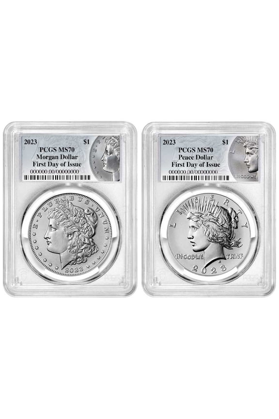2023 $1 Morgan and Peace Silver Dollar 2pc Set PCGS MS70 FDOI Morgan & Peace Label