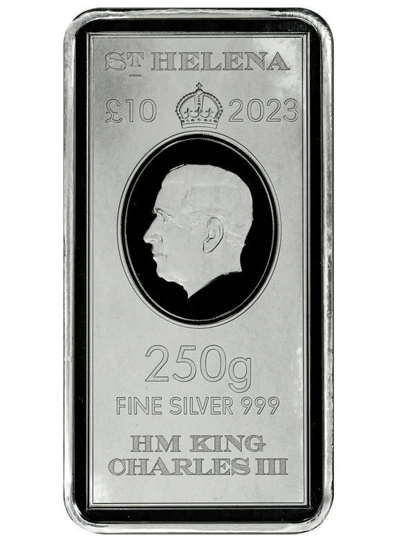 2023 10 Pound St. Helena Silver King Charles 250 gram Silver Bar BU