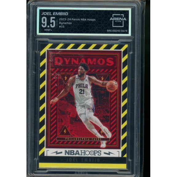 Graded 2023-24 Panini NBA Hoops Dynamos Joel Embiid Philadelphia 76ers #15 Trading Card Arena Club 9.5