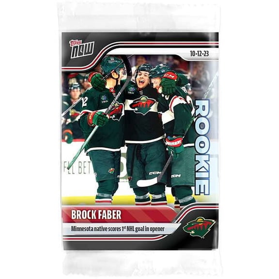 2023-24 Topps Now Hockey Brock Faber Single Sticker Card (Rookie, Minnesota Native Scores 1st NHL Goal in Opener)