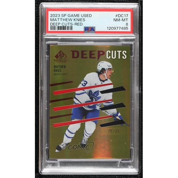 2023-24 Upper Deck SP Game Used Matthew Knies #DC-17 Red /35 Parallel/Variety Rookie Insert PSA 8
