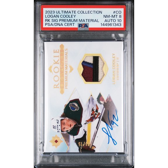 2023-24 Upper Deck Ultimate Collection Logan Cooley #CO /15 Rookie PSA 8 Auto 10