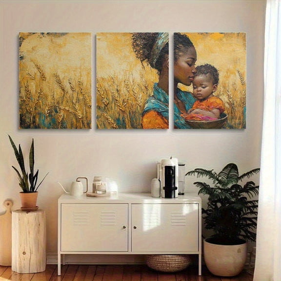 [2023]3pcs Beautiful African American Woman& Youngsters Canvas Wall Art- Frameless Vibrant Triptych Painting, Perfect for Living Room, Bedroom, or Nursery Decor, Youngsters Room Decor|Elegant Home A