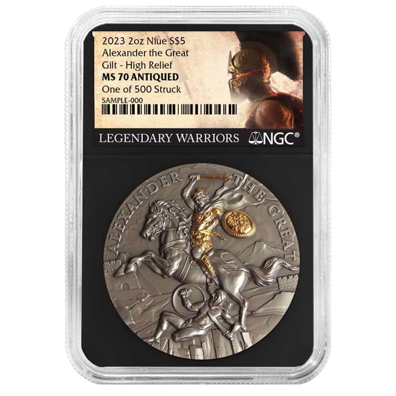 2023 Alexander the Great 2 oz High Relief Silver Antiqued & Gold Gilded NGC MS70 Legendary Warriors Label Retro Core