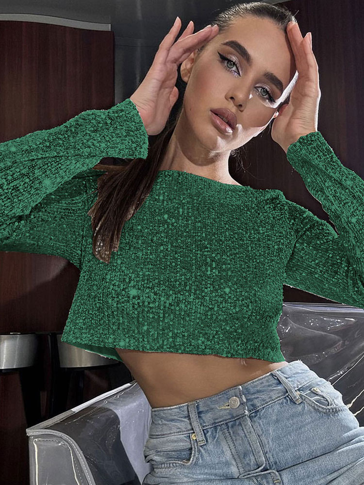 2023 Autumn Sequin Maxi Dress Suit Sexy Club Party Women Crop Top+Long