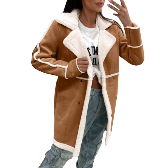 2023 Autumn Winter Women Lambswool Splicing Turn Down Collar Long Sleeve Button Trench Coat Jacket Outerwear