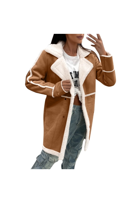2023 Autumn Winter Women Lambswool Splicing Turn Down Collar Long Sleeve Button Trench Coat Jacket Outerwear