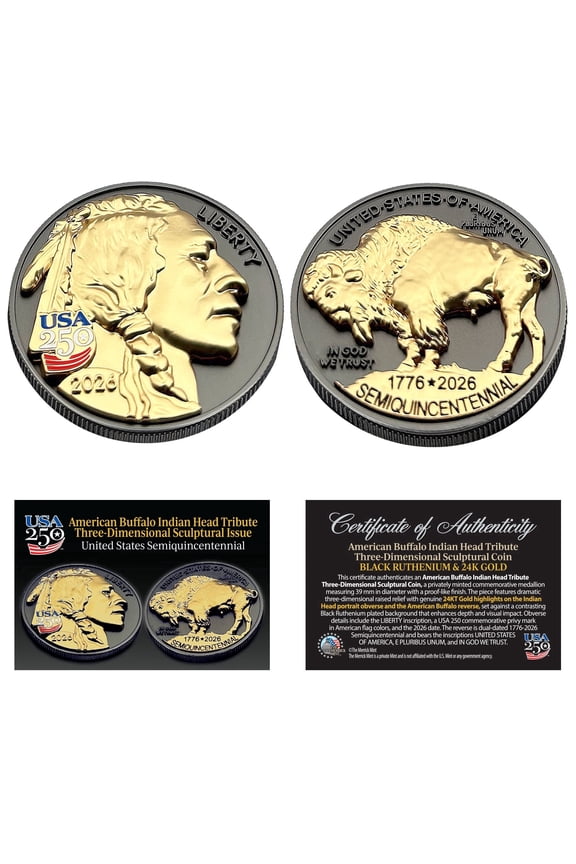 1776-2026 Black Ruthenium & 24K Gold 3-Dimensional American Buffalo Tribute Coin, America 250