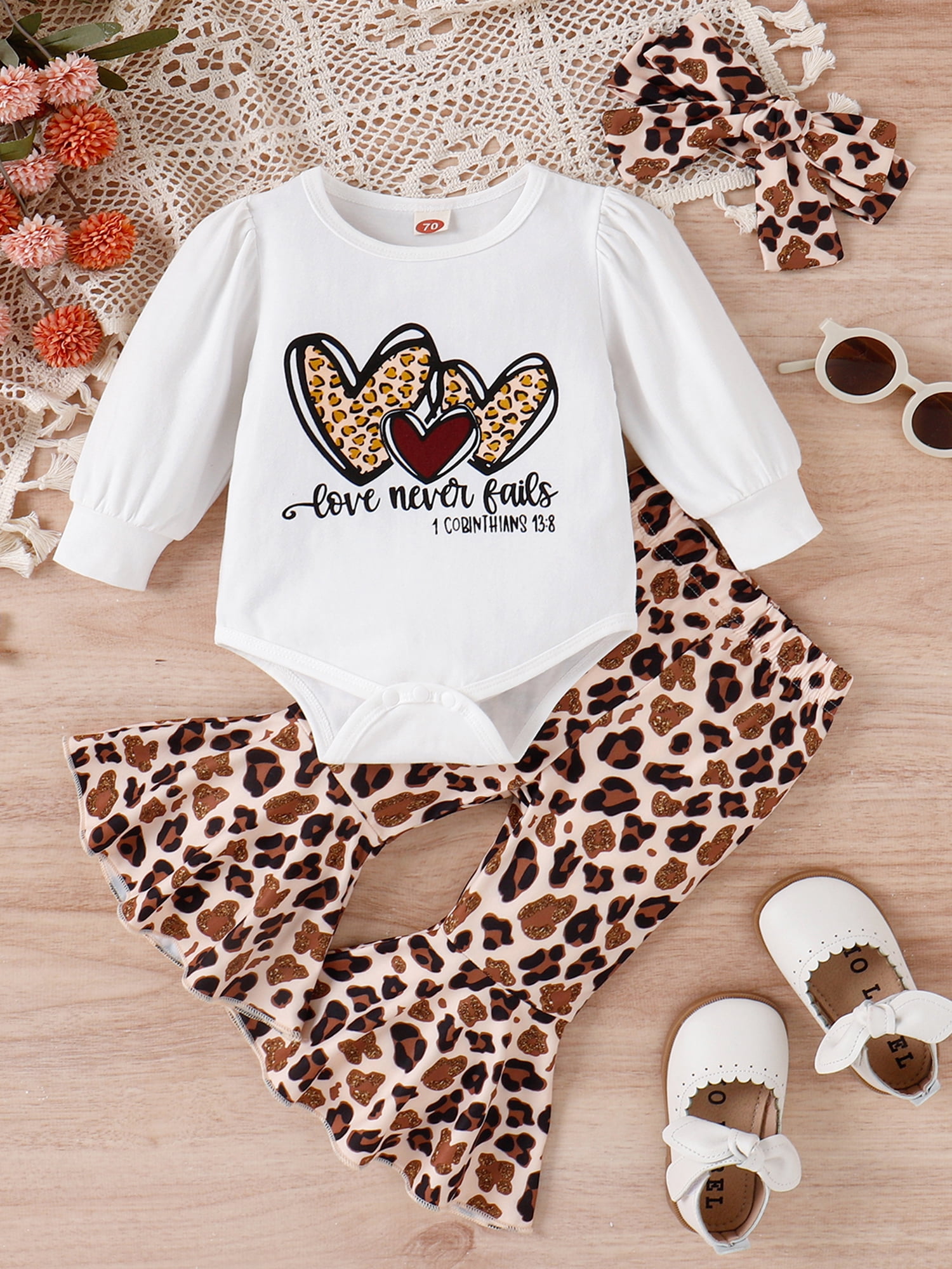 3pcs Baby Girl 95% Cotton Long-sleeve Love Heart & Letter Print Romper and Patch Detail Sweatpants with Bib Set