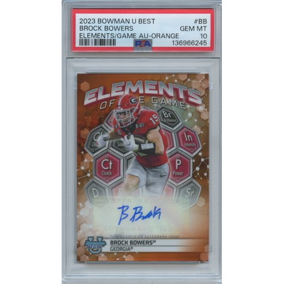 Graded 2023 Bowman University Best Elements Of The Game Autographs Brock Bowers Orange RC Auto PSA 10 #BB