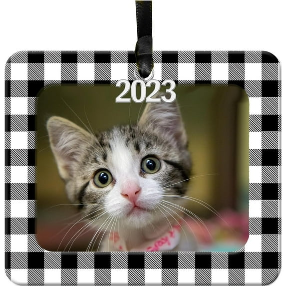 2023 Buffalo Plaid Christmas Photo Ornament, Magnetic Easy-Load with Photo Protector, Horizontal -Black and White Plaid