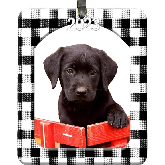2023 Buffalo Plaid Christmas Photo Ornament, Magnetic Easy-Load with Photo Protector, Vertical -Black and White Plaid, 3-Pack