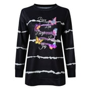 2023 Butterfly Print Striped Round Neck Loose Long Sleeve Sweater Peace Live Laugh Love Joy 2020 Butterfly Printed Striped Round Neck Loose Long Sleeve Sweatshirt