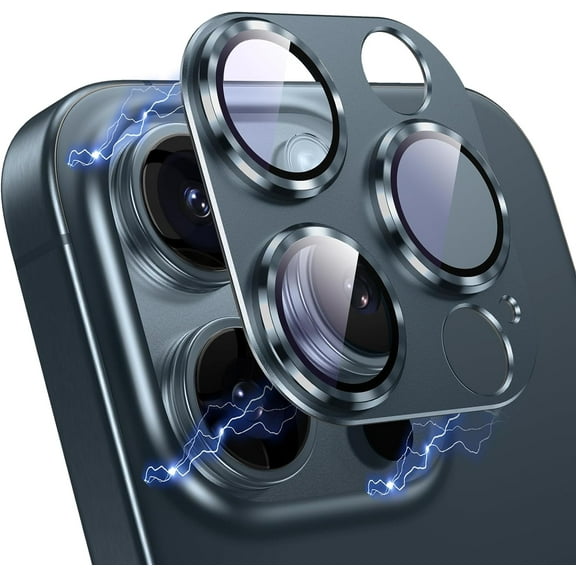 2023 Camera Lens Protector iPhone 15 Pro/iPhone 15 Pro Max, Upgraded 3D Metal Anti-Scratch Camera Cover with 9H Tempered Glass Screen Protector, Lens Cover Film Strong Adsorption -Blue